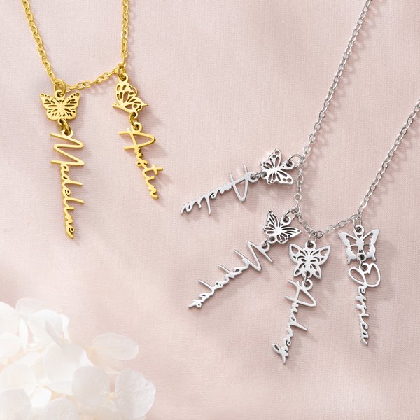 Personalised Multiple 1-8 Birth Butterflies Necklace with Name Birthday Gift for Mother Grandmother Family
