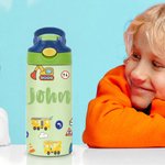 Personalised Cute Construction Lorry Name 12 oz Insulated Water Bottle with Straw and Spill-Proof Lid Back to School Gift for Boys Girls