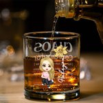Personalized Cartoon Character Chaos Coordinator 10oz Old Fashioned Whiskey Glass with Birth Flower and Name Birthday Retirement Gift for Men Women