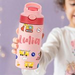 Personalised Cute Construction Lorry Name 12 oz Insulated Water Bottle with Straw and Spill-Proof Lid Back to School Gift for Boys Girls
