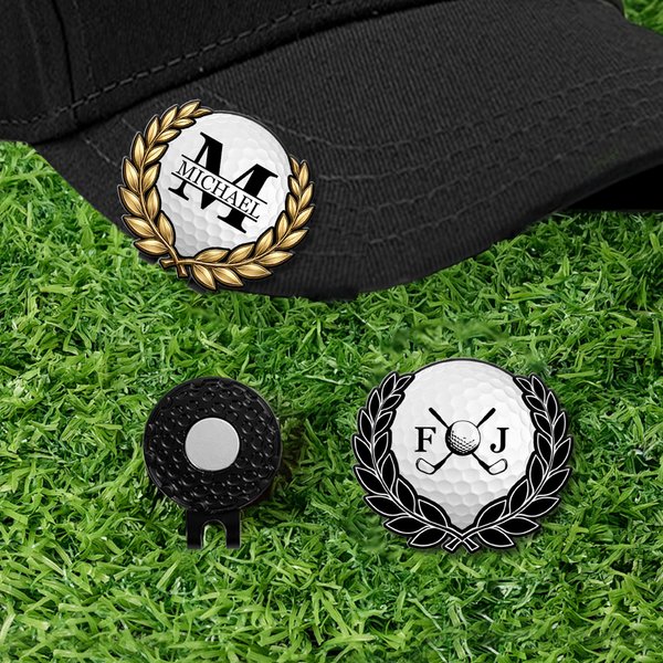 Personalisierter magnetischer Golfballmarker mit Hutclip | Lorbeerkranz- und Monogramm-Design | Geburtstag Geschenk für Golfliebhaber
