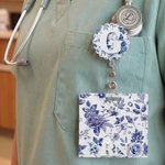 Personalised Chinoiserie Floral Badge Reel with Initial and Badge Buddy Birthday Appreciation Gift for Nurse Doctor