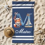 Asciugamano da spiaggia personalizzato Penguin Fox Animal Sailor Initial sovradimensionato ad asciugatura rapida con nome Regalo estivo essenziale per feste di compleanno e vacanze per ragazzi e ragaz