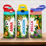 Personalized Cute Jungle Animal 12 oz Water Bottle with Name Straw and Handle Back to School Birthday Gift for Kids