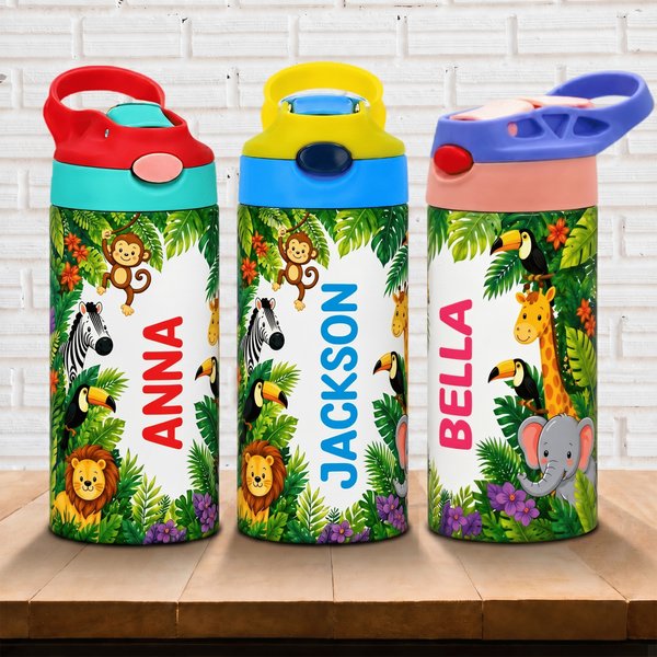 Personalized Cute Jungle Animal 12 oz Water Bottle with Name Straw and Handle Back to School Birthday Gift for Kids