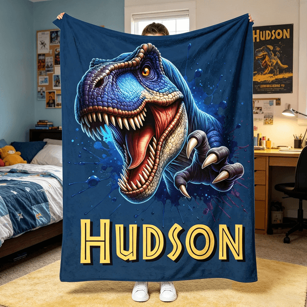 Personalised Dinosaur Throw Blanket with Name | Soft Cozy Fleece for Kids, Boys & Girls | Unique Birthday, Holiday & Dinosaur Lover Gift