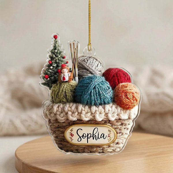 Personalized 2D Knitting Basket Christmas Tree Acrylic Ornament with Name Tree Decoration Christmas Gift for Knitting Lovers