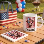 Personalized Retro Stars and Stripes Highland Cow Name 11 oz 15 oz Ceramic Mug with Coaster Daily Use American Independence Day Gift for Americans