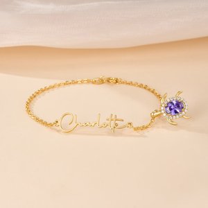 Personalized Exquisite Birthstone Sea Turtle Bracelet with Name Birthday Anniversary Gift for Women Ocean Lovers