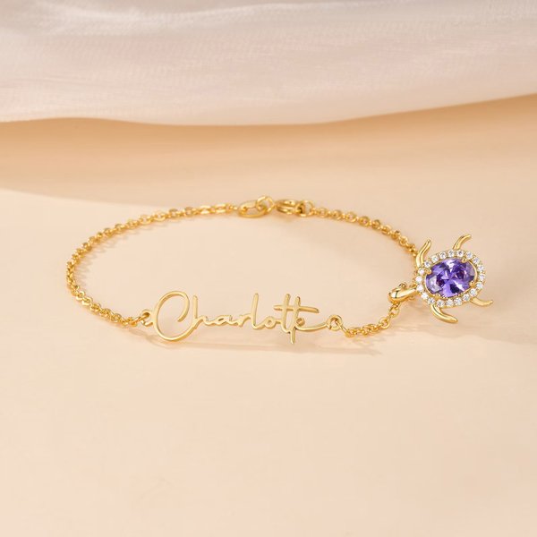 Personalized Exquisite Birthstone Sea Turtle Bracelet with Name Birthday Anniversary Gift for Women Ocean Lovers