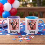 Personalized Retro Stars and Stripes Highland Cow Name 11 oz 15 oz Ceramic Mug with Coaster Daily Use American Independence Day Gift for Americans
