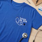 Personalized Embroidered Mini Heart Stethoscope Women's Crewneck T-shirt with Text Graduation Nurse Week Gift for Medical Staff Student