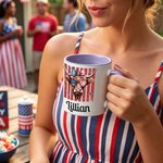 Personalized Retro Stars and Stripes Highland Cow Name 11 oz 15 oz Ceramic Mug with Coaster Daily Use American Independence Day Gift for Americans