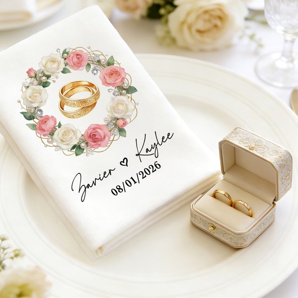 Serviette de table personnalisée avec nom date et motif -  Décoration de table - Cadeau d'anniversaire de mariage pour jeunes mariés