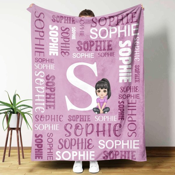 Personalised Family Word Cloud Cartoon Character Soft Throw Blanket with Name and Initial Home Decor Birthday Gift for Family Friends