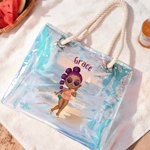 Personalised Cartoon Summer Shiny Trendy Girl Waterproof Clear Tote Bag with Name Pool Beach Party Birthday Gift for Her