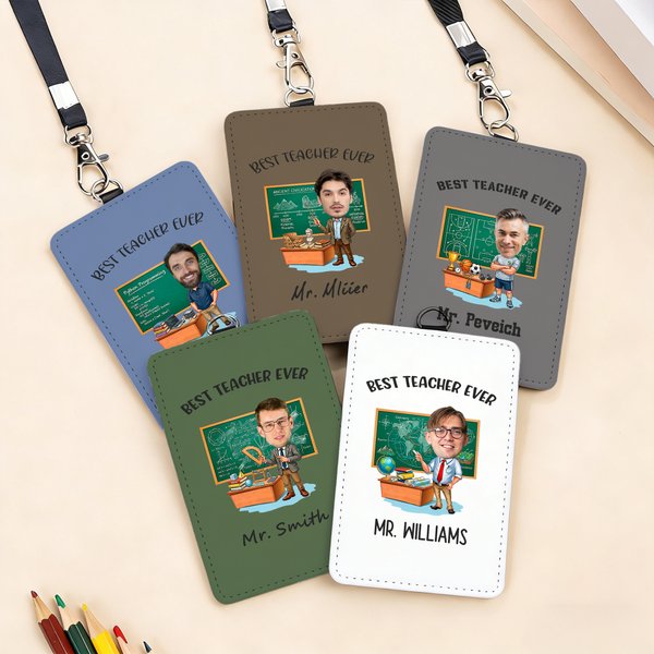 Foto personalizzata dell'insegnante maschio soggetto portabadge ID con fibbia appesa e testo Regalo per la giornata dell'insegnante uso quotidiano per gli insegnanti maschi