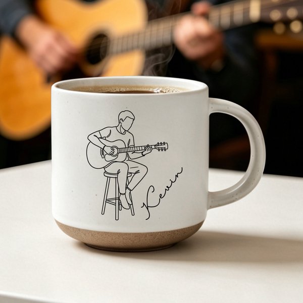 Personalized Line Style Guitarist Character 12 oz Ceramic Coffee Mug with Name Daily Use Birthday Gift for Guitar Player Woman Man
