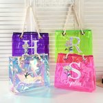 Personalized Birth Flower Holographic Clear Tote Bag with Name Beach Daily Travel Accessories Bachelorette Party Wedding Gift for Brides Women