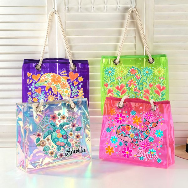 Personalised Marine Animals Flowers Waterproof Holographic Clear Tote Bag with Name Beach Accessories Birthday Anniversary Gift for Women