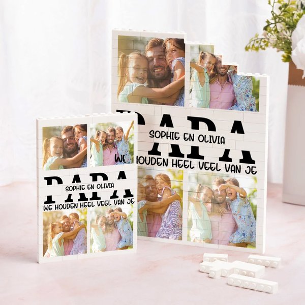 Gepersonaliseerde bouwsteenpuzzel met 4 foto's naam en tekst Vaderdag verjaardagscadeau voor papa of opa