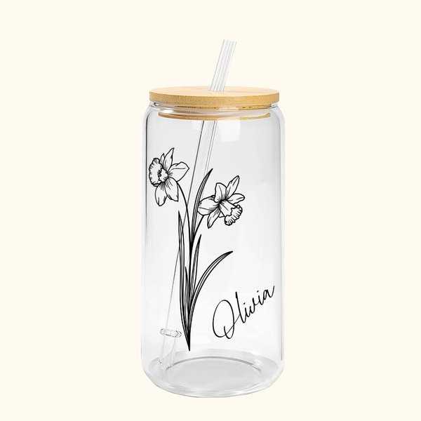 Vaso Personalizado Flor de Nacimiento con Tapa de Bambú y Pajita