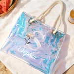 Personalized Birth Flower Holographic Clear Tote Bag with Name Beach Daily Travel Accessories Bachelorette Party Wedding Gift for Brides Women