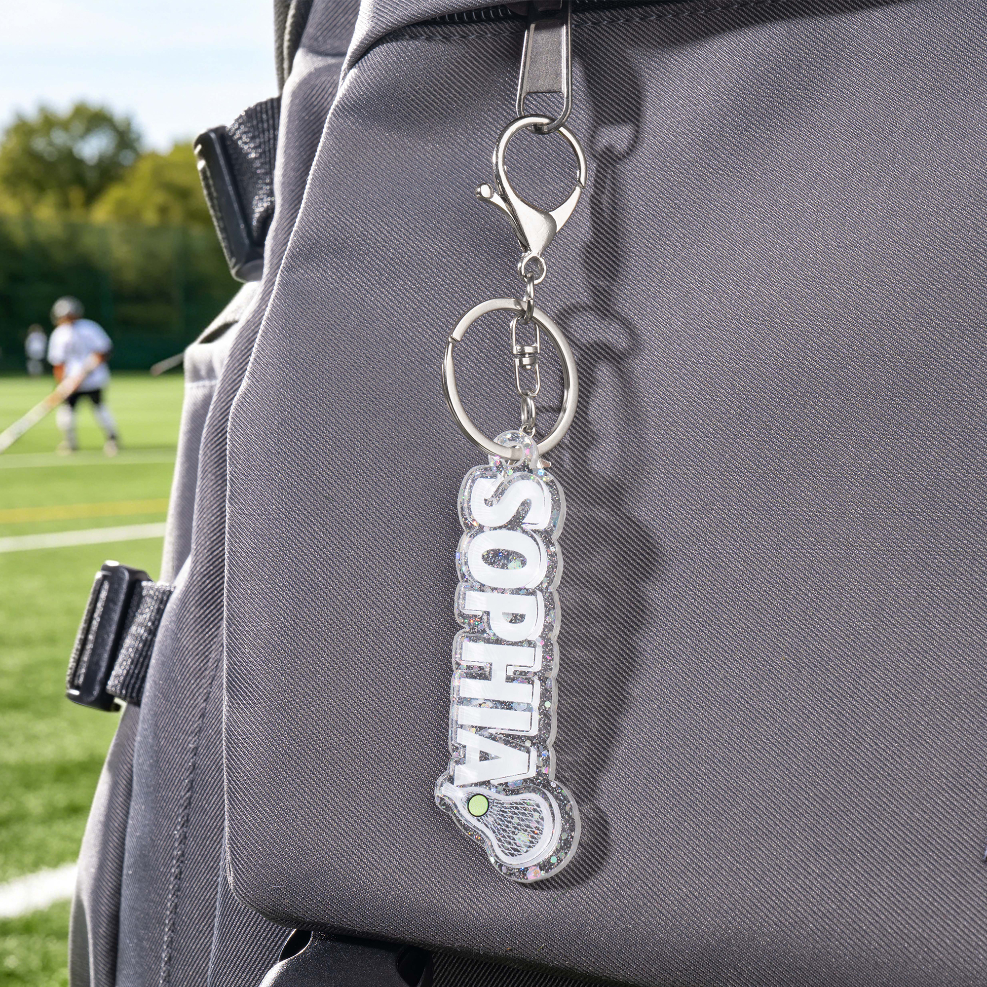 Portachiavi personalizzato con nome per il bastone da lacrosse colorato e glitterato Regalo sportivo per gli appassionati di lacrosse