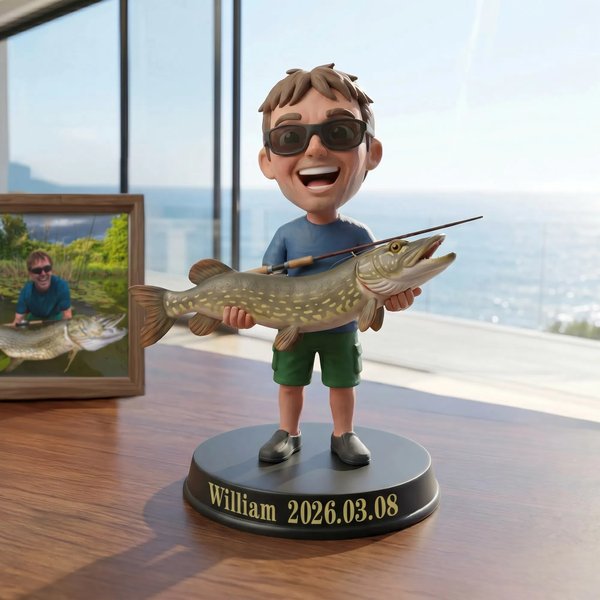 Personalized Creative Photo to 3D Fisherman Statue Ornament with Text Office Desk Decoration Birthday Father's Day Gift for Dad Fisherman