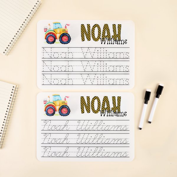 Personalised Rainbow Tractor Acrylic Name Tracing Board with Black Dry-Erase Pen Home Educational Learning Toy Daily Use Gift for Boys Girls