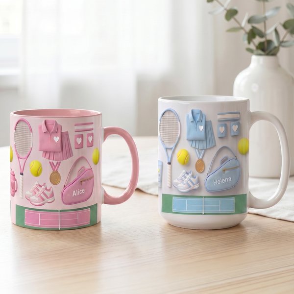 Personalisierte 3D-Optik Keramiktasse mit Tennissmotiv | mit Namen | Untersetzer wählbar | Geburtstag Spieltag Geschenk für Tennisspieler und -Fans