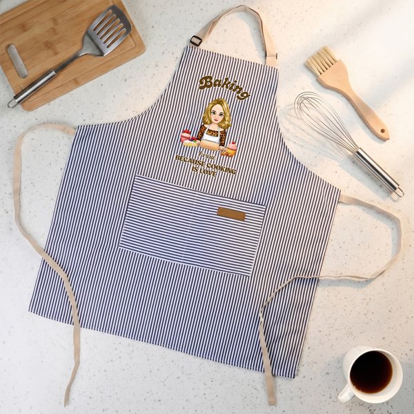 Personalized Baking Cartoon Character Adjustable Striped Apron with Name and Pocket Kitchen Accessory Birthday Gift for Women Cooking Lovers