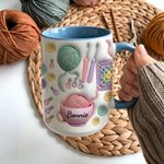 Personalised Yarn Crochet Hook Scissors Knitted Pattern Ceramic Mug with Coaster and Name Birthday Anniversary Gift for Women Knitting Lover