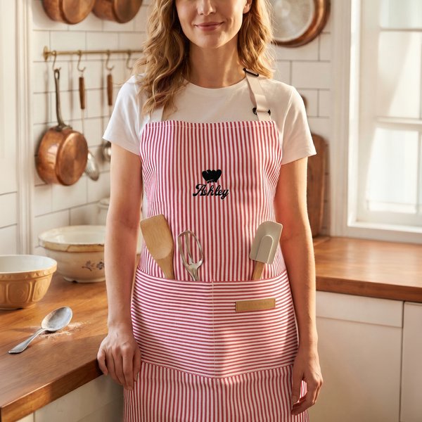 Personalised Embroidered Baking Element Adjustable Striped Apron with Name and Pocket Kitchen Accessory Birthday Gift for Women Cooking Lovers