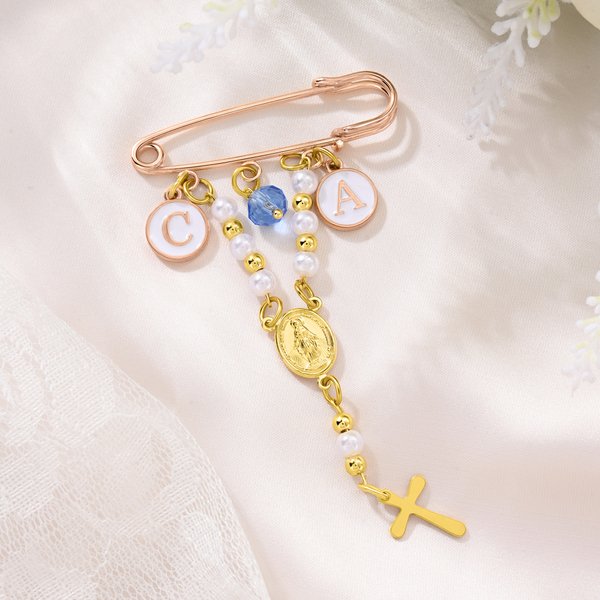Personalized Something Blue Catholic Bridal Bouquet Rosary Brooch Pin with Initials Wedding Anniversary Gift for Bridal Couple