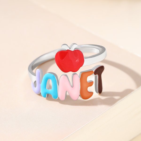 Personalisierte Multicolor Emaille Apfel Sterling Silber Ring mit Namen Teacher's Day Wertschätzung Geschenk für Lehrer