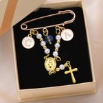 Personalized Something Blue Catholic Bridal Bouquet Rosary Brooch Pin with Initials Wedding Anniversary Gift for Bridal Couple