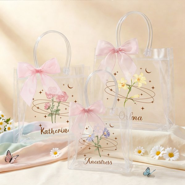 Personalized Pink Blue Bow Birth Flower Clear Gift Bag with Name Birthday Wedding Gift for Bridesmaids Newlyweds Women