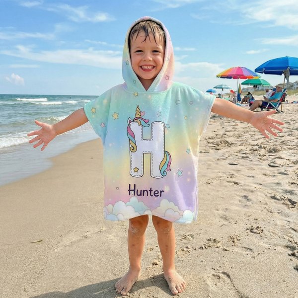 Personalised Fantasy Unicorn Initial Quick Dry Hooded Beach Towel with Name Beach Party Use Summer Vacation Birthday Gift for Kids Girls