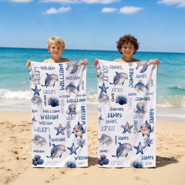 Personalised Ocean Creatures Shark Oversized Quick Dry Beach Towel with Name Summer Vacation Beach Accessories Party Birthday Gift for Kids