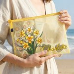 Personalized Birth Flower Transparent Mesh Beach Bag with Name Travel Essential Beach Party Birthday Gift for Women Girls