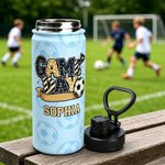 Personalized Soccer Game Day Goal Flag 12 oz 18 oz Insulated Water Bottle with Handle Name and Year Birthday Team Gift for Soccer Player Lover