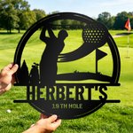 Personlig svart golfspelare med swingmönster Metallskylt med namn och text Heminredning Daglig användning Födelsedagspresent för golfälskare