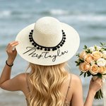 Personalised Text Floppy Beach Hat with Pom-Poms Summer Accessory Beach Holiday Bachelorette Party Honeymoon Gift for Women Bride