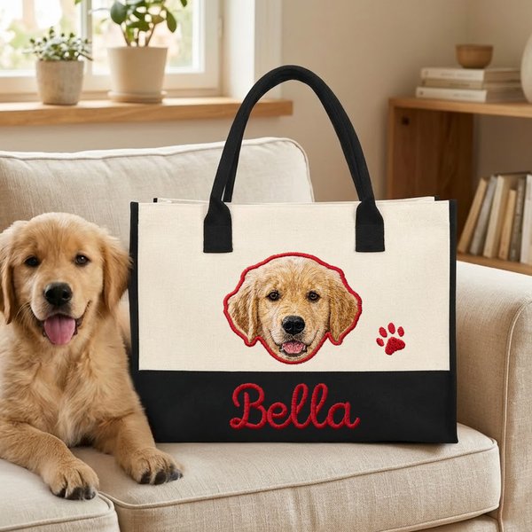 Personalized Cute Paw Pet Portrait Embroidered Canvas Tote Bag with Name Daily Outdoor Birthday Gift for Pet Owner Lover Parent