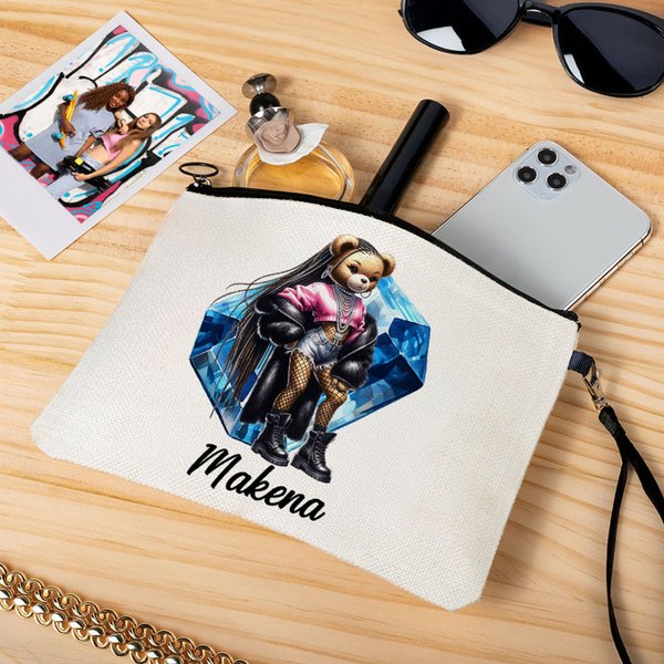 Henkilökohtainen Hip-Hop tyttö Teddy Bear Birthstone Design meikki laukku nimi ja rannehihna syntymäpäivälahja musta kuningatar Hip-Hop ystäville lahja