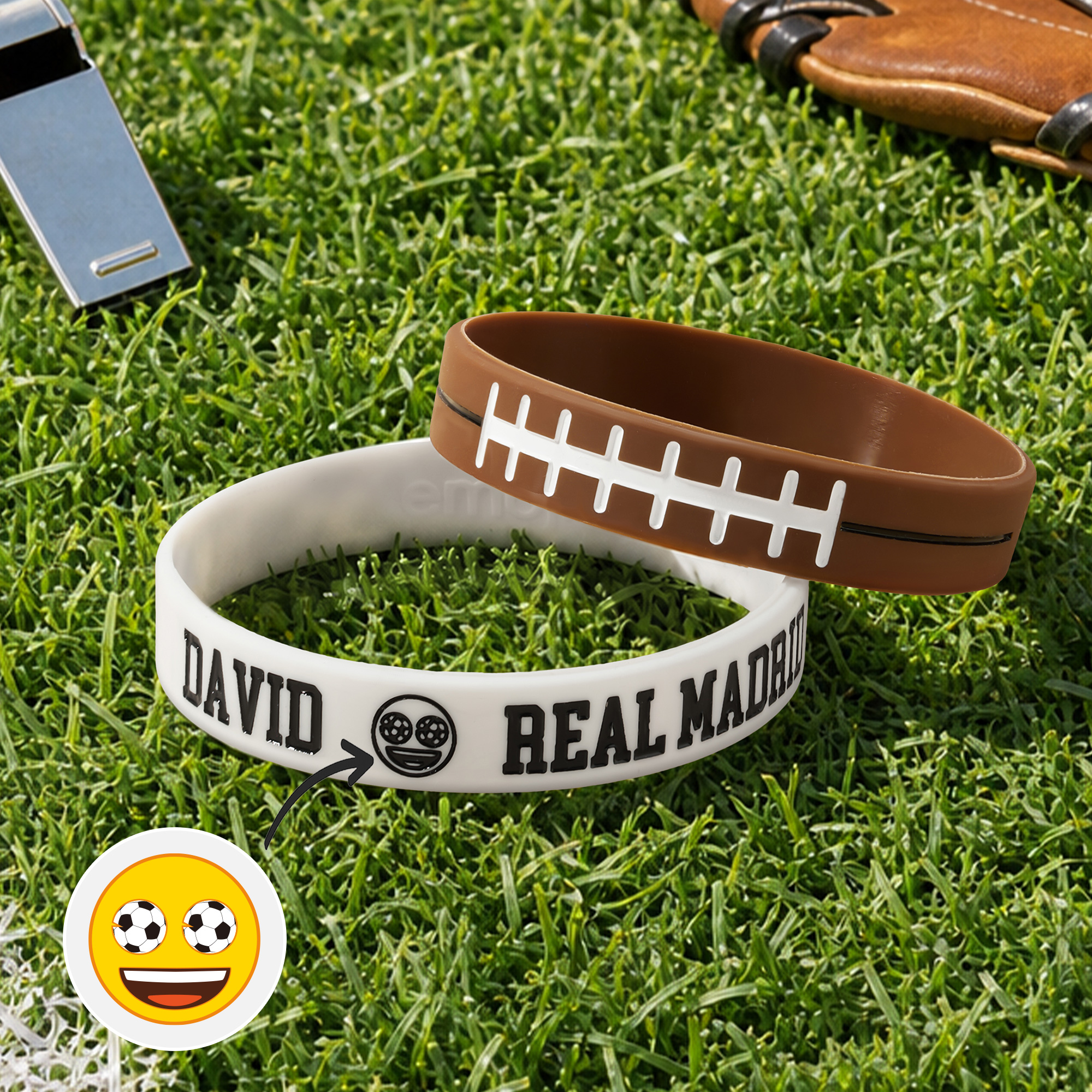 Personalizzato divertente emoji Calcio Basket Calcio Americano Baseball Bracciale sportivo in silicone con testo Regalo sportivo per ragazzi | Callie 