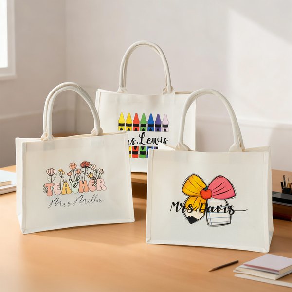Personalized Flower Crayon Bow Large Capacity Canvas Tote Bag with Text Teacher's Day Appreciation Week Gift for Teachers