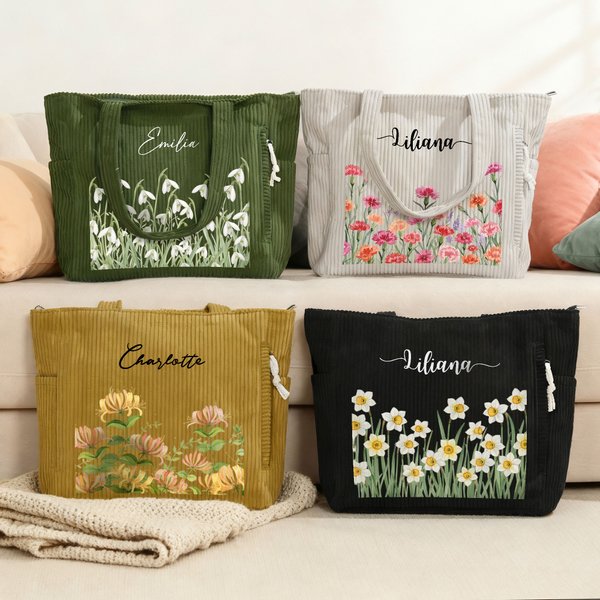 Personalizzato acquerello nascita fiore grande capacità Tote bag in velluto a coste con nome uso quotidiano viaggio regalo di compleanno per le donne