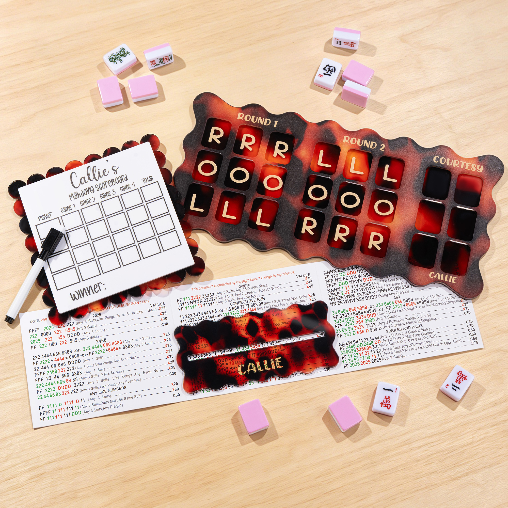Tavola di pratica per mahjong Charleston con stampa leopardata personalizzata, nome, lettore di linee di mahjong, contatore di punteggio e penna Regal